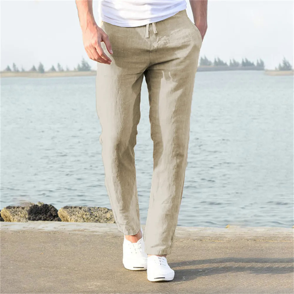 2023 người đàn ông của cotton linen quần nam mùa thu mới thoáng khí rắn màu Linen Quần thể dục thời trang dạo phố S-3XL