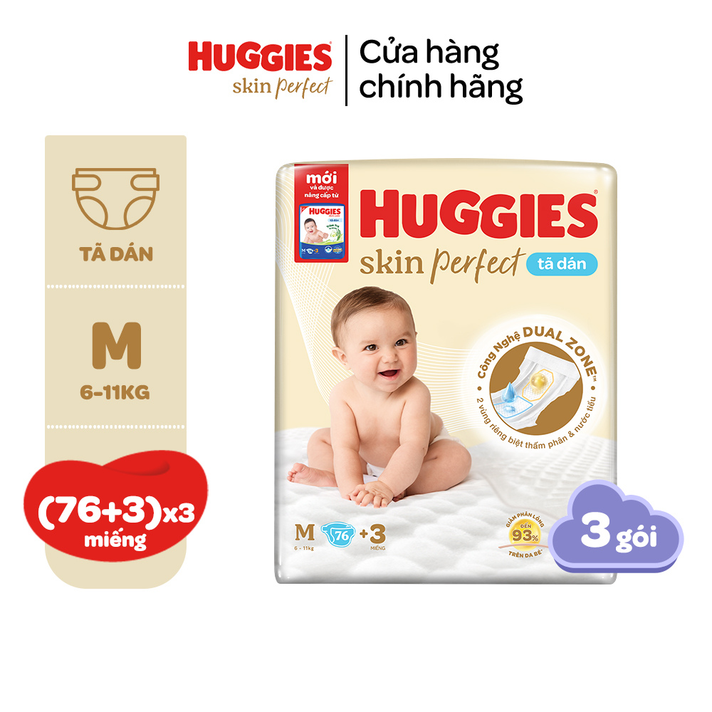 Combo 3 Tã/Bỉm Dán Huggies Skin Perfect Super Jumbo M76+3/L68/XL60/XXL54 Với 2 Vùng Thấm Giảm Kích Ư