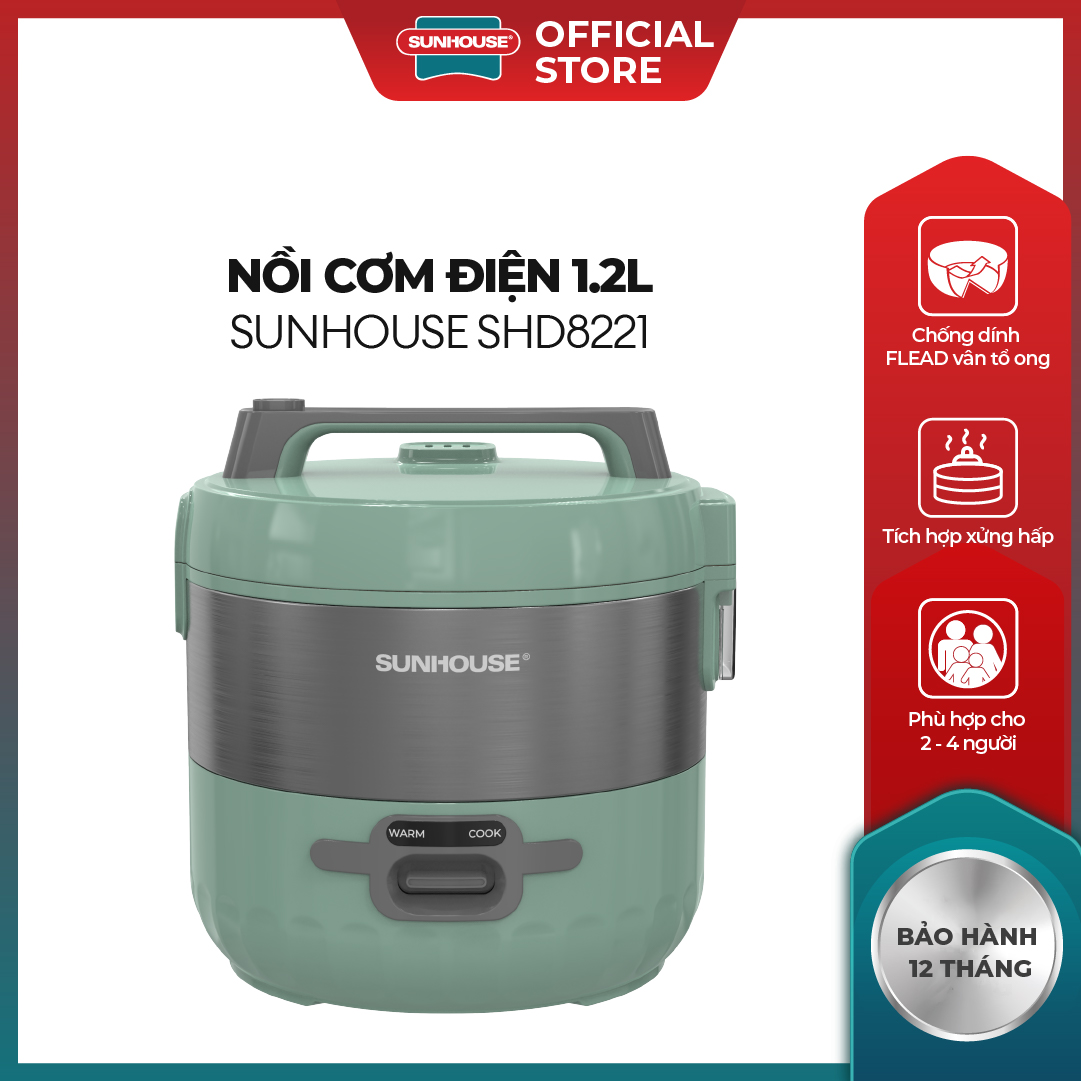 Nồi cơm điện 1.2L Sunhouse SHD8221 - Dung tích 1.2L - Tích hợp xửng hấp - Lòng nồi 3 lớp giữ nhiệt bền bỉ