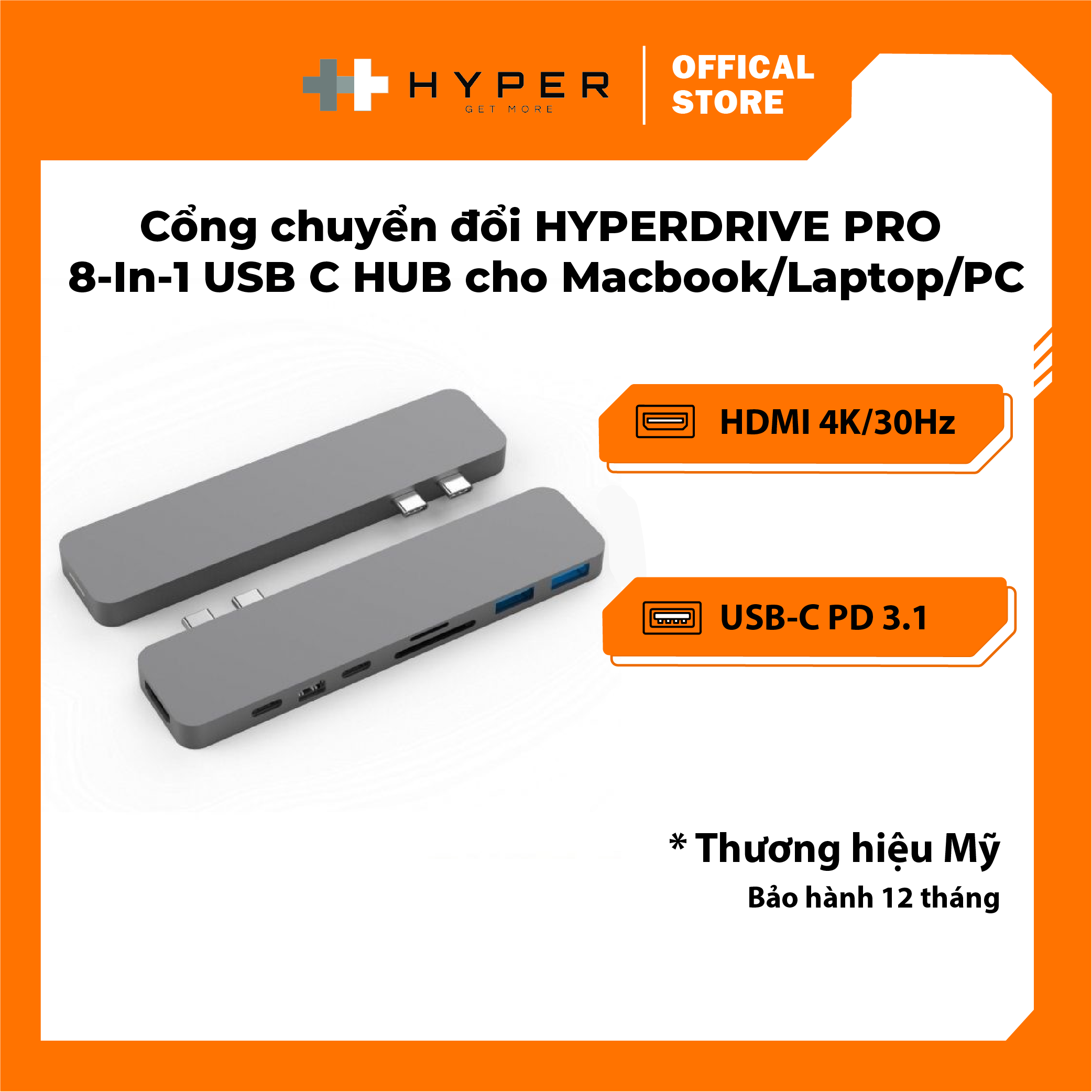 Cổng chuyển hyperdrive pro 8-in-2 hub for usb-c macbook pro/air – gn28d - hàng chính hãng
