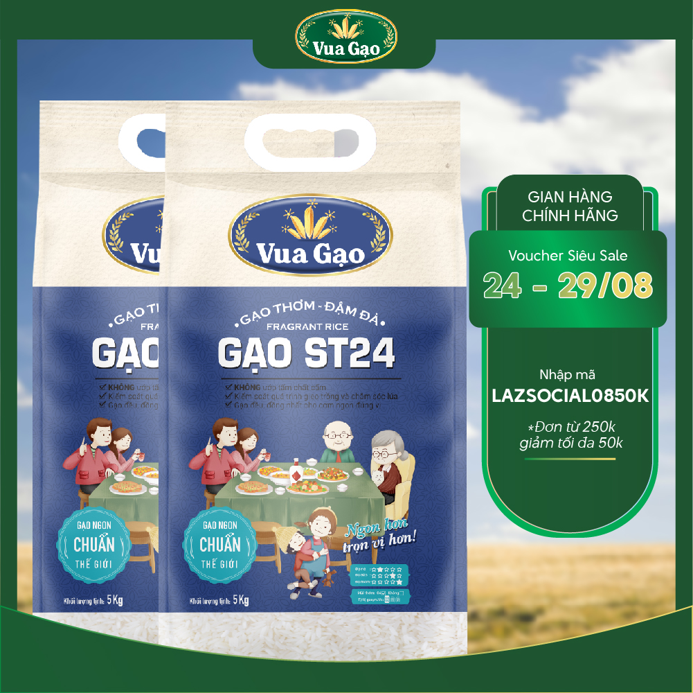 Combo 2 Túi Gạo ST24 Đậm Đà 5kg - Chính Hãng Vua Gạo - Gạo Thơm Ngon, Dẻo Nhiều, Vị Ngọt Hậu - Top 1 Thế Giới 2017