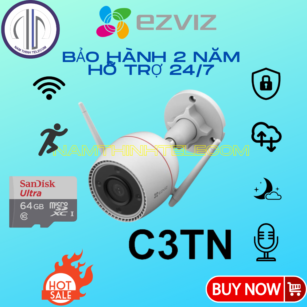 Camera Wifi EZVIZ C3TN có màu ban đêm,âm thanh, đèn và còi báo chính hãng