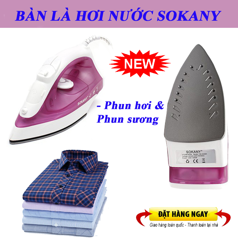 Bàn Ủi Hơi Nước Sokany, Bàn Là Hơi Nước Cầm Tay, Bàn Ủi. Thiết kế nhỏ gọn, sang trọng, công suất lớn, hoạt động mạnh mẽ với 2 chế độ phun sương & phun hơi. BẢO HÀNH 1 ĐỔI 1!
