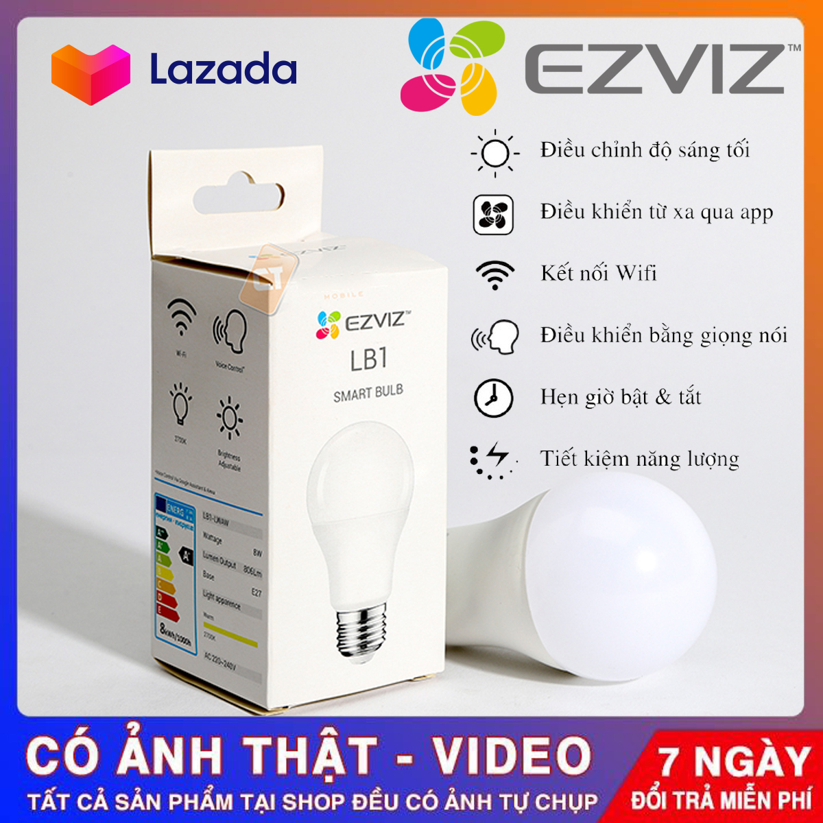 [BẢO HÀNH 12 THÁNG] Bóng đèn thông minh EZVIZ LB1 -Màu Trắng và có thể thay đổi MÀU SẮC- Điều khiển bằng điện thoại , thay đổi độ sáng tối màu sắc , thời gian bật tắt đèn