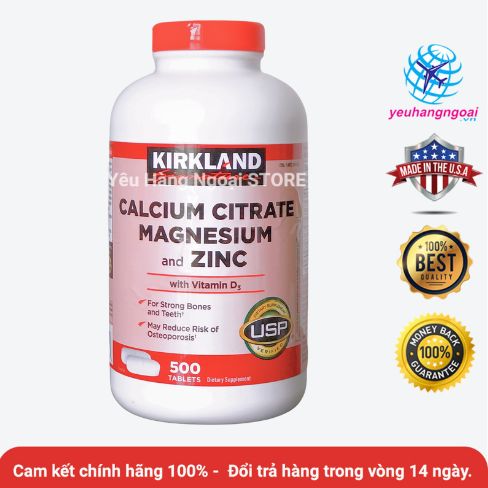 Viên uống bổ sung Canxi, Magie và Kẽm với Vitamin D3 - Calcium Citrate Magnesium and Zinc with Vitamin D3- 500 viên của Kirkland Mỹ.