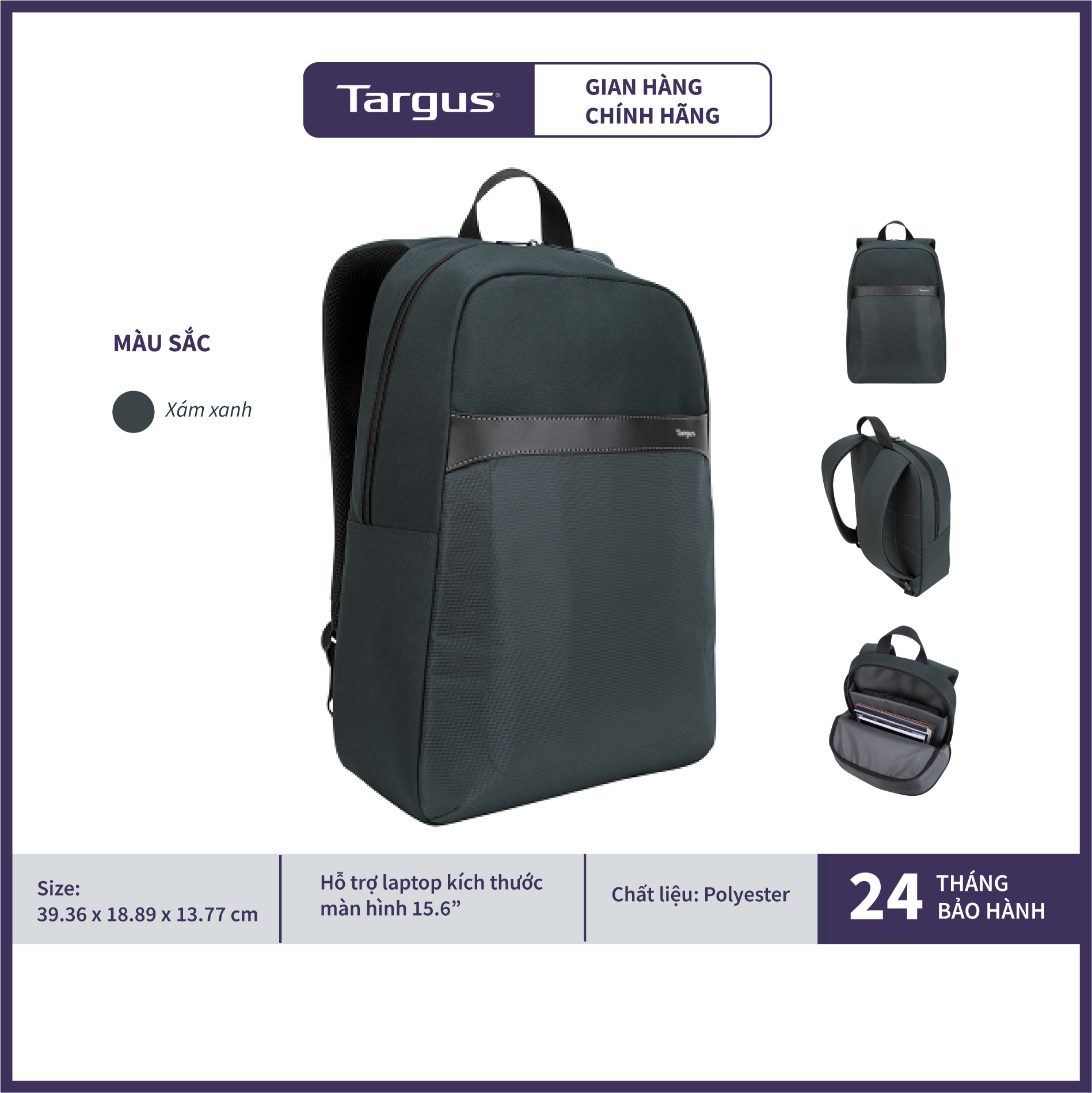 Balo Laptop TARGUS TSB96001 Chống Thấm Nước 15.6 inch - Hàng Chính Hãng