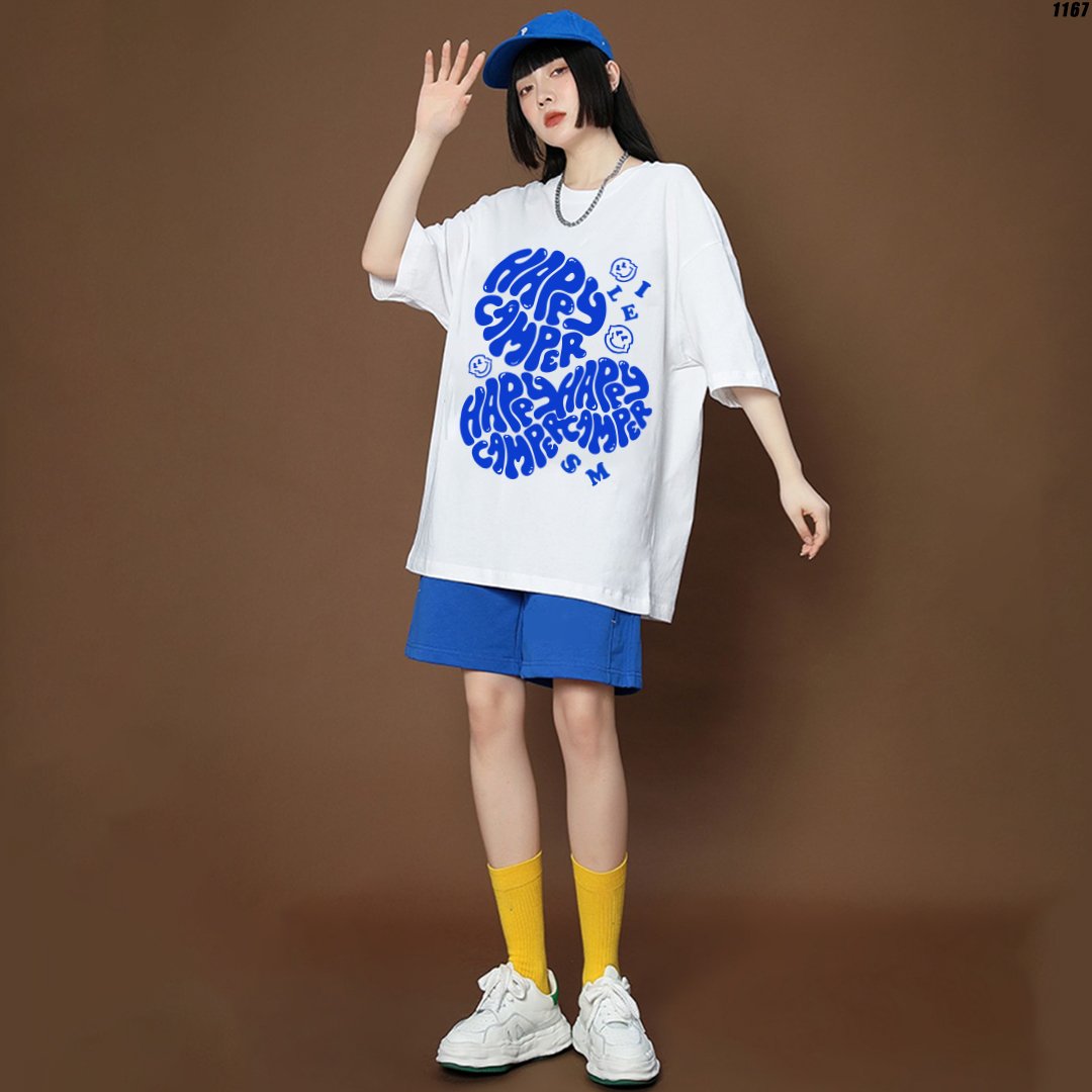 Áo thun tay lỡ unisex tici chữ happy camper