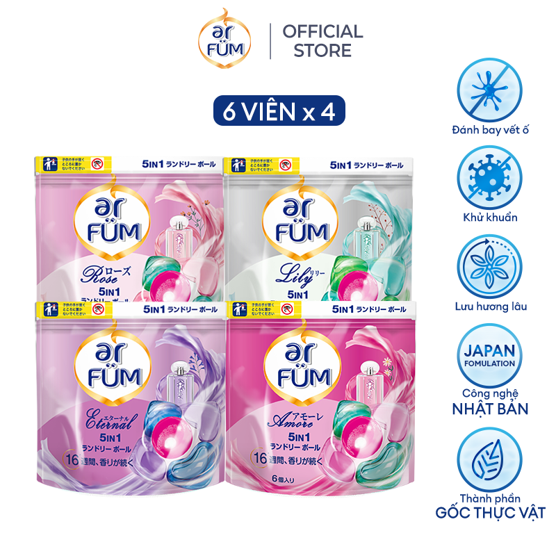 Viên giặt Quần áo arFUM 5 trong 1 MỚI hương tinh dầu nước hoa, khử khuẩn 99% - 4 mùi hương (Túi 6 viên)
