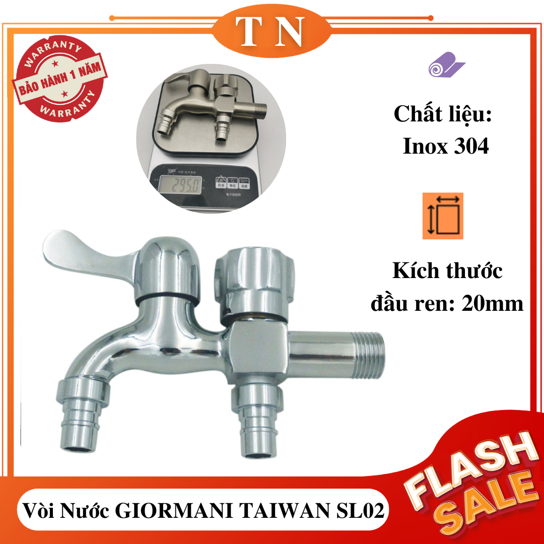 Vòi nước đôi giormani taiwan sl02- vòi nước 2 đầu ra chất liệu inox 304 chống gỉ, chia nước thành 2 cổng xả độc lập