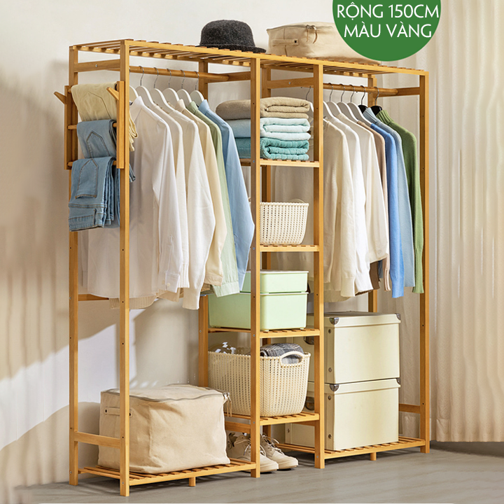 Kệ treo quần áo ,Tủ treo quần áo gỗ tre cao cấp KT150cm, Tủ quần áo, Giá treo quần áo, Cây treo quần áo, ( 2 buồng - 4 ngăn )
