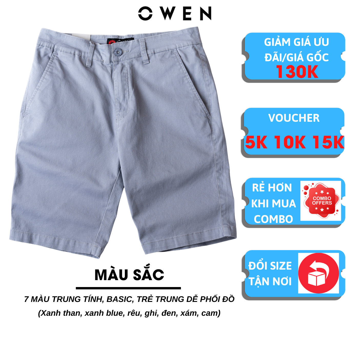 quần short nam OWEN màu ghi, chất kaki cotton cao cấp, co giãn, trẻ trung, dáng slimfit năng động