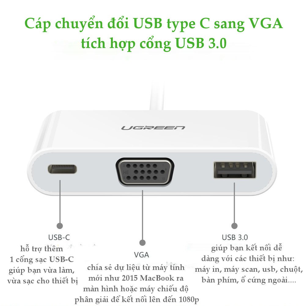 Cáp chuyển usb-c to vga cao cấp ugreen 30376