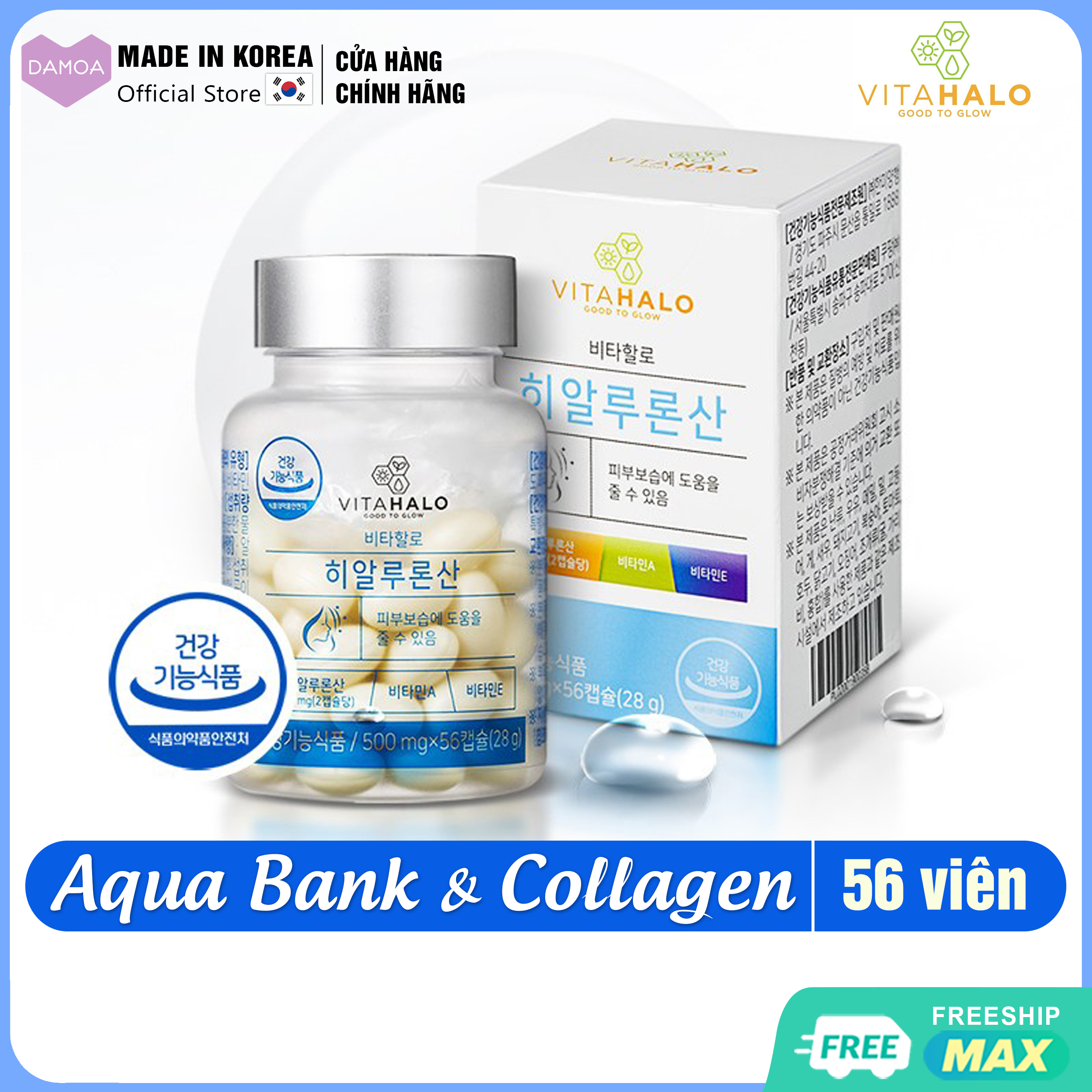 Hộp 56 Viên uống Cấp nước & Collagen Đẹp da căng mịn, Trẻ hóa & Chống lão hóa da Vitahalo Moisture Full Hyaluronic Acid Hàn Quốc