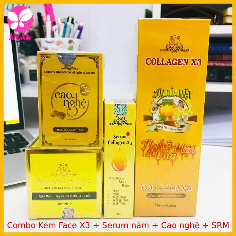 Combo Kem Face Collagen X3 + Serum nám + Cao nghệ + Sữa rửa mặt - Hàng chính hãng Đông Anh