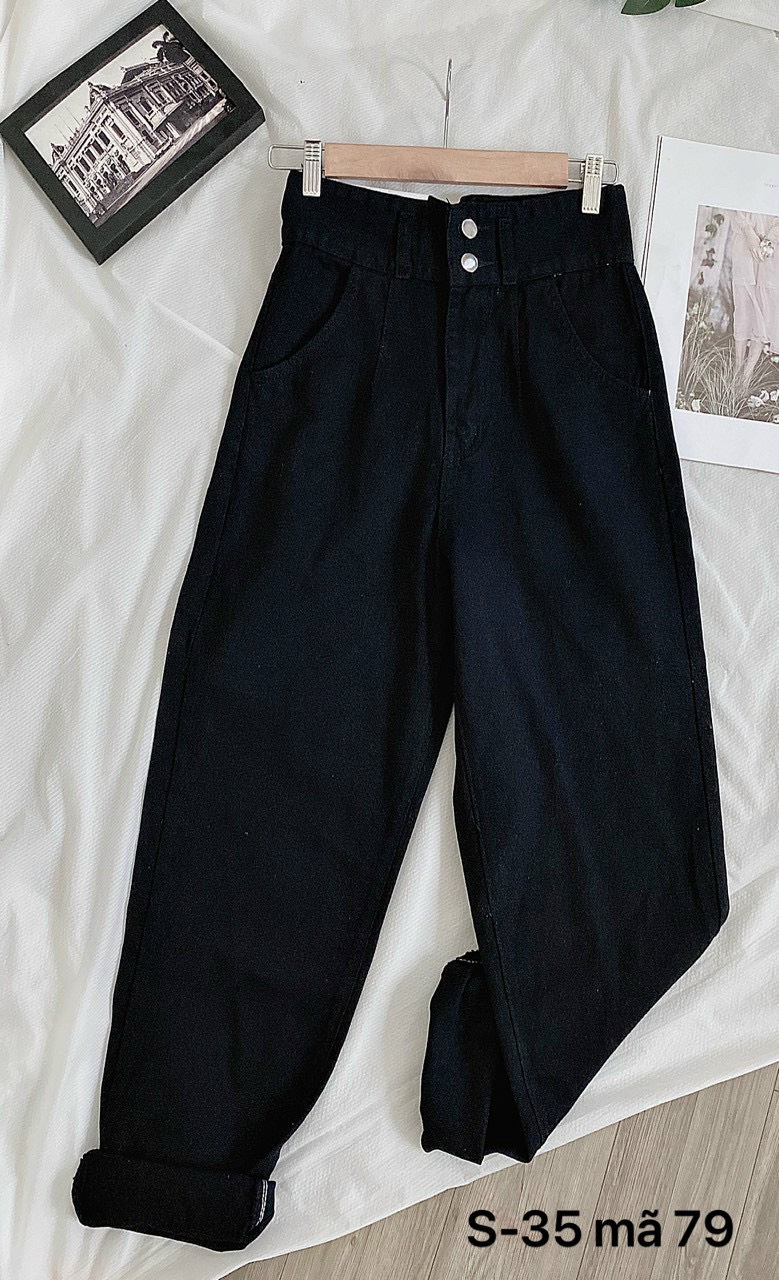 [HCM]Quần Baggy jean Nữ Đen Trơn Loại Lưng 2 Nút Siêu Cao Bao Tôn Dáng Xinh Xắn-JT
