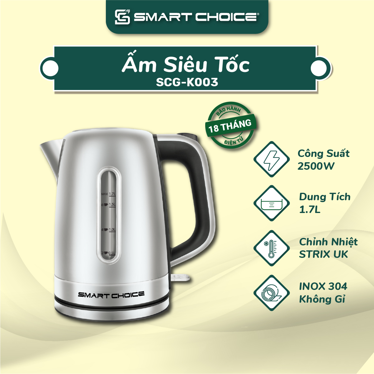 Bình đun nước siêu tốc smartchoice scg-k003 1.7l bộ chỉnh nhiệt strix uk, âm nước siêu tốc 12000 lần đun, bình đun siêu tốc tốc inox 304 đun sôi nhanh, bh 18 tháng