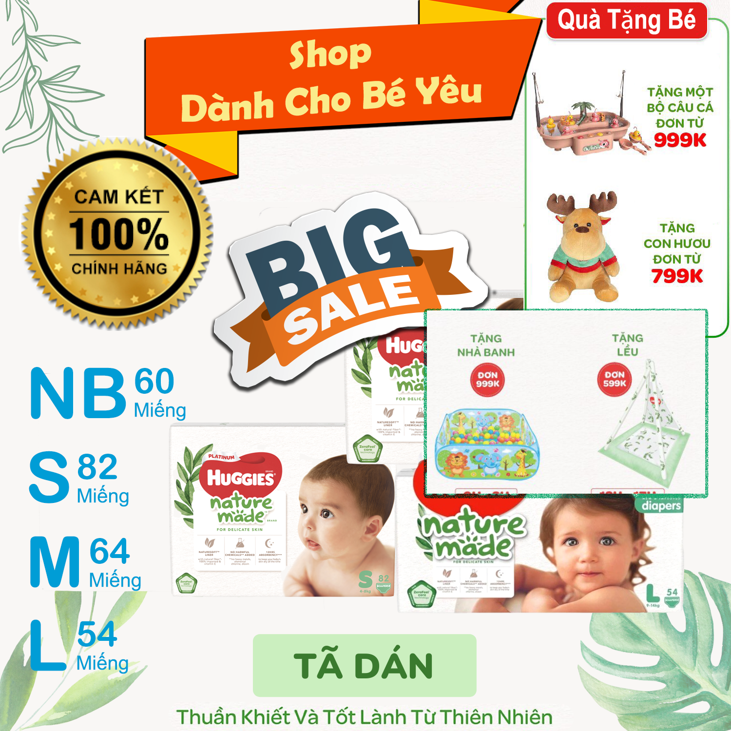 Tã/bỉm dán huggies platinum nature made newborn60/s82/m64/l54