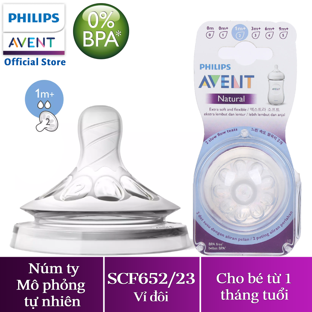 Núm ty Silicone Philips Avent trẻ từ 1 tháng 1 lỗ - tốc độ dòng chảy mức 2 (natural) SCF652/23