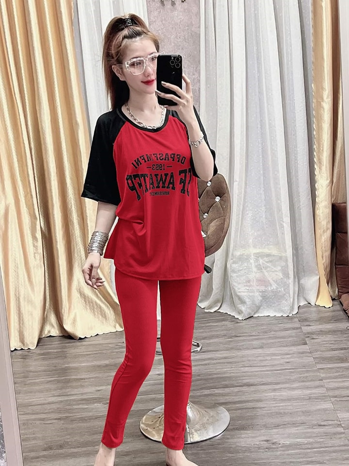 Set bộ cotton quần dài 2 túi in chữ thời trang- y hình
