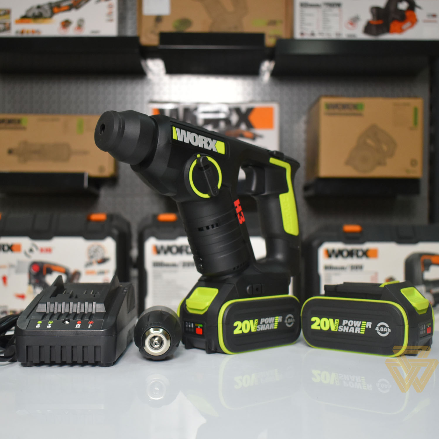 Bộ máy khoan đục bê tông pin 20v worx green wu380