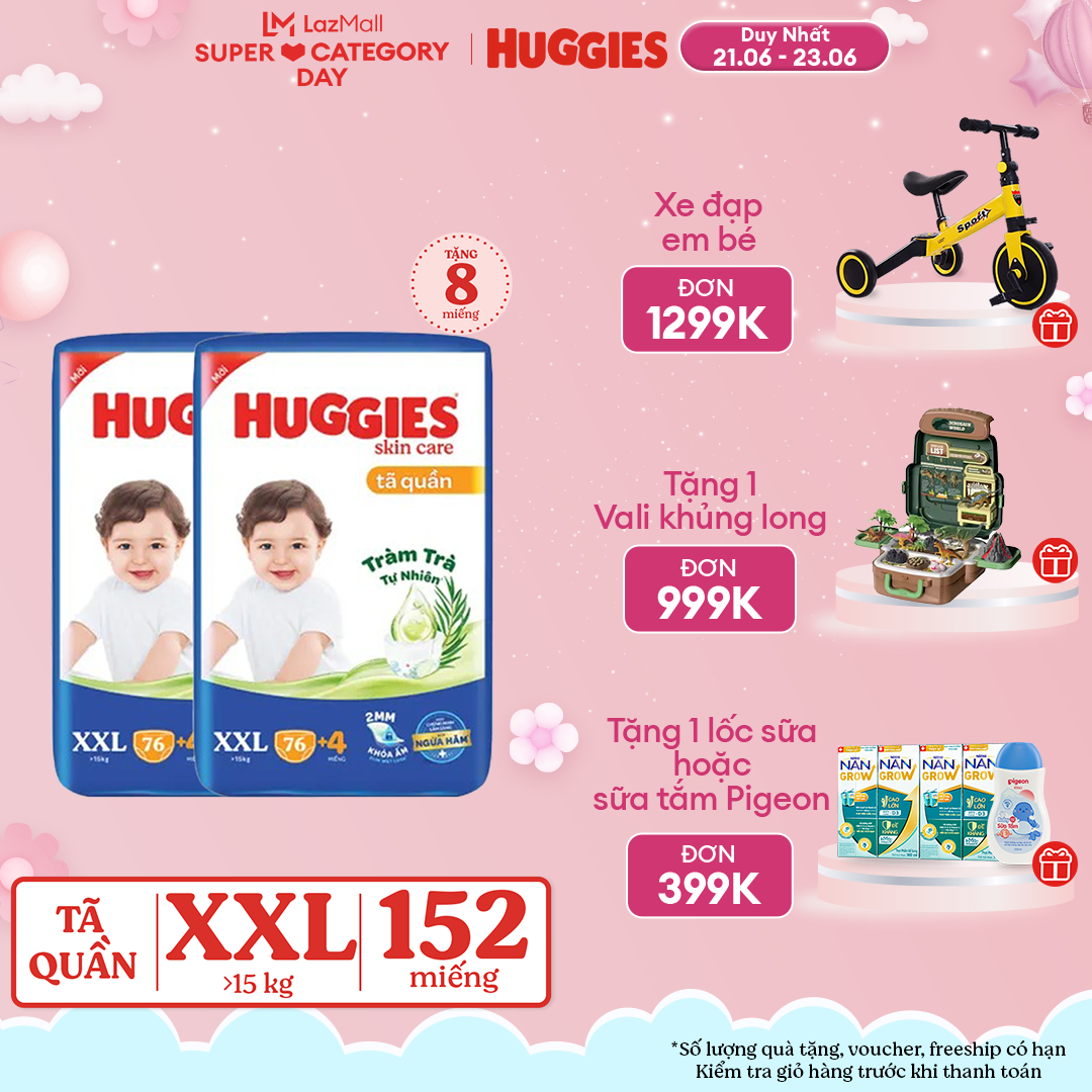 [CHỈ 21.6-24.6 GIẢM THÊM ĐẾN 130K] Combo 2 Gói Tã/bỉm quần HUGGIES SKINCARE MEGA JUMBO size XXL76+4 miếng