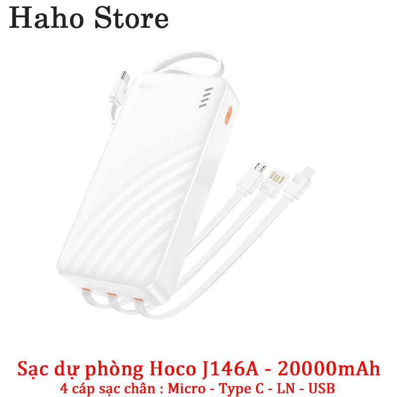 Sạc dự phòng Hoco J146A dung lượng 20000mAh kèm 4 cáp sạc Type-C + LN + Micro + Usb, hai màu trắng đ