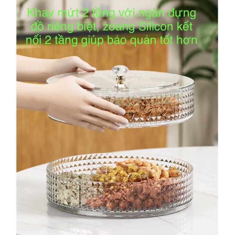 Khay đựng bánh kẹo tết xoay 360 độ, khay đựng mứt, hộp mứt tết kim cương sang trọng 2 tầng