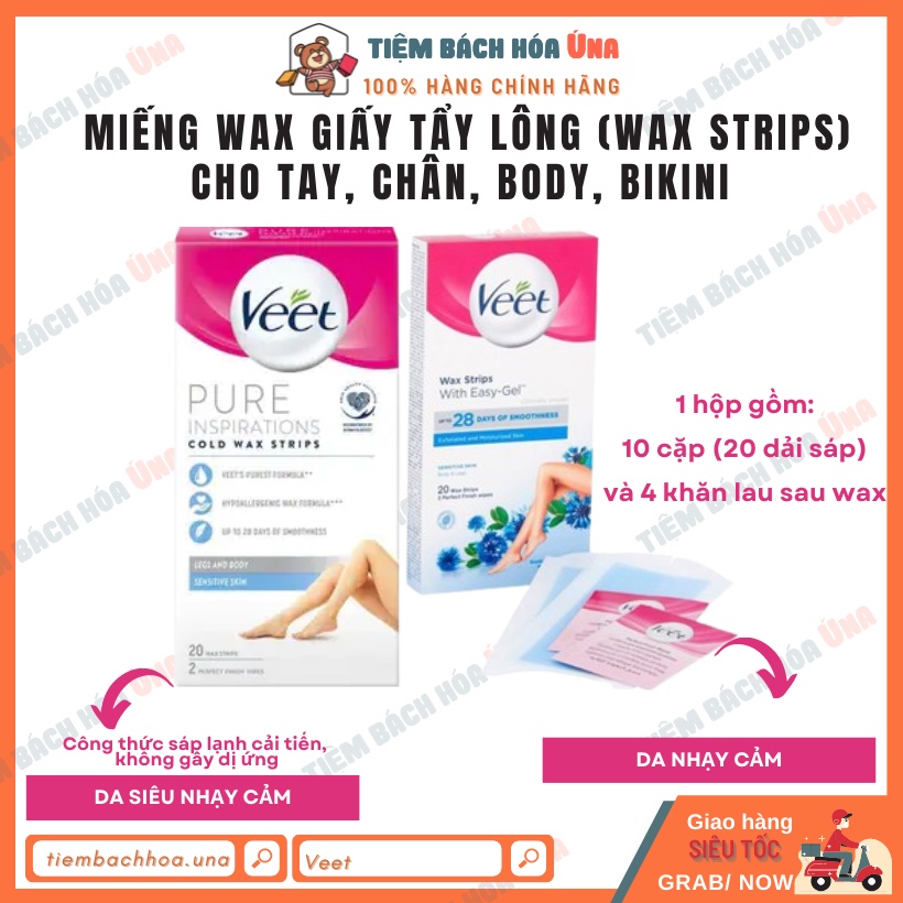 Miếng tẩy lông (wax strips) dành cho chân, tay, body, bikini Veet Wax Strips With Easy Gel Body & Legs