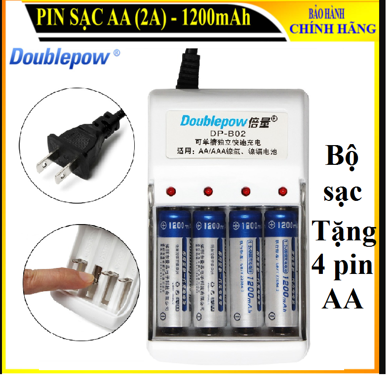Combo Bộ sạc đa năng B02 Tặng kèm 4 Pin tiểu sạc AA 1200mAh Doublepow