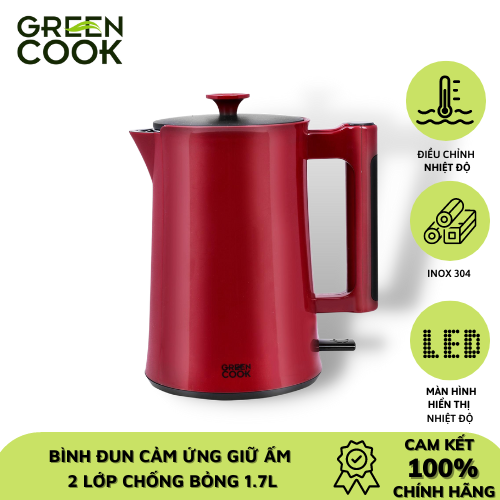 Bình (ấm) đun cao cấp giữ ấm inox 304 nguyên khối, 2 lớp, 1,7L Green Cook _GCEK-17S18D - Hàng chính hãng