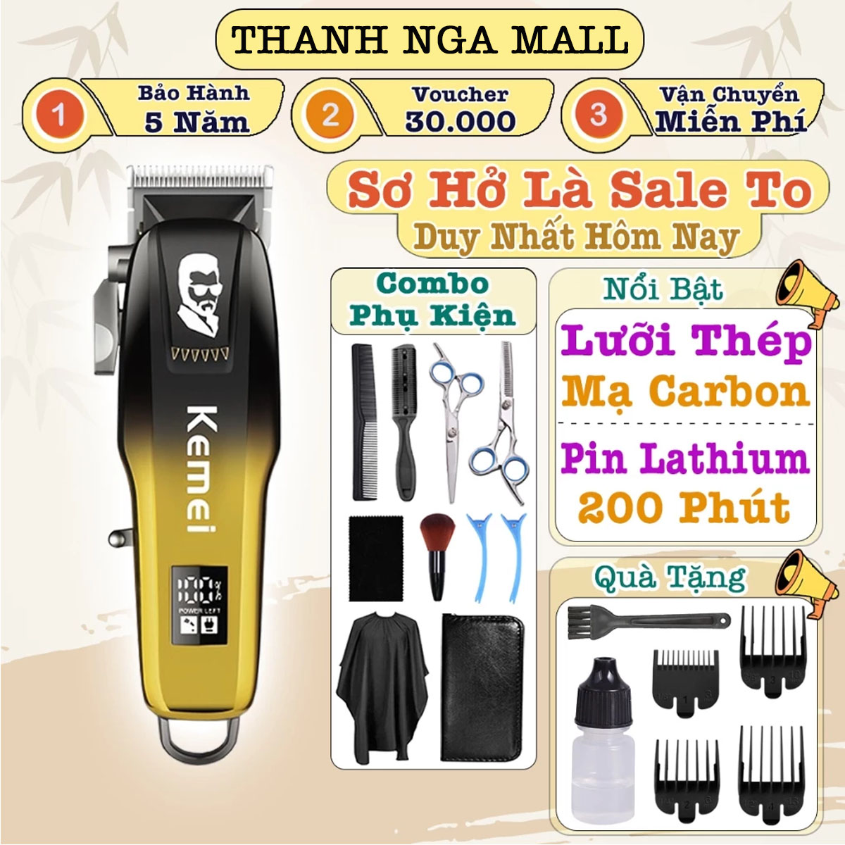   BẢO HÀNH 5 NĂM  Tông đơ cắt tóc KEMEI 709A cao cấp tăng đơ cắt tóc máy cắt tóc hớt tóc chuyên nghiệp không dây lưỡi dao sắc bén pin trâu tông đơ hớt tóc cao cấp 