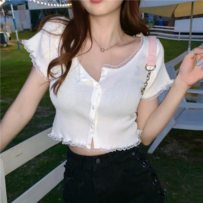 Áo Croptop Viền Ren Tay Ngắn A5173