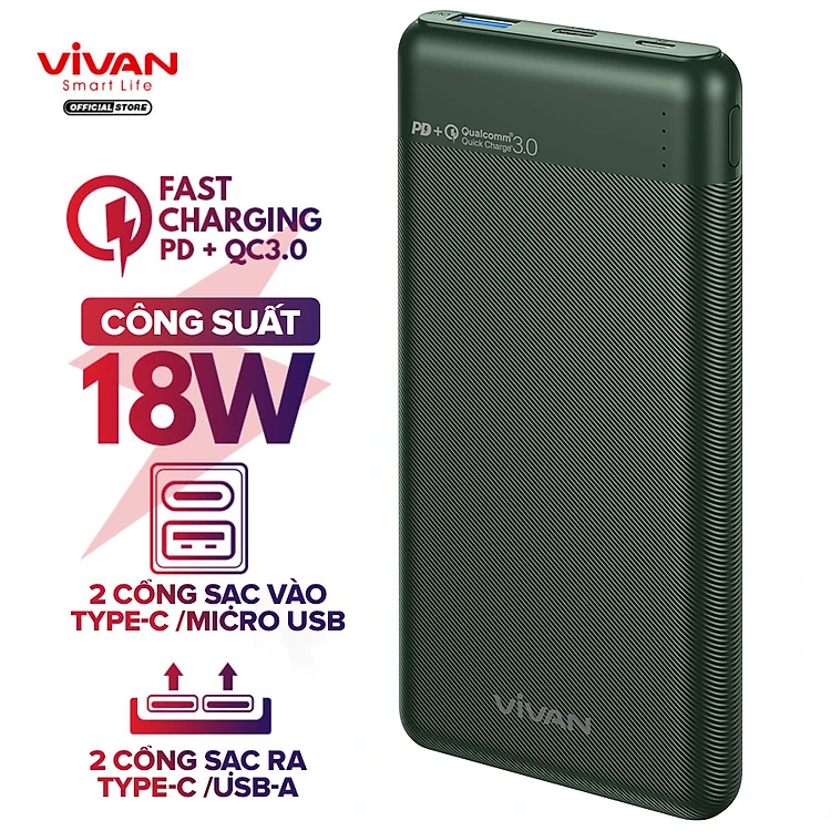 Pin Sạc Dự Phòng 10000mAh VIVAN VPB-M10 - Sạc Nhanh Chuẩn PD QC3.0 18W