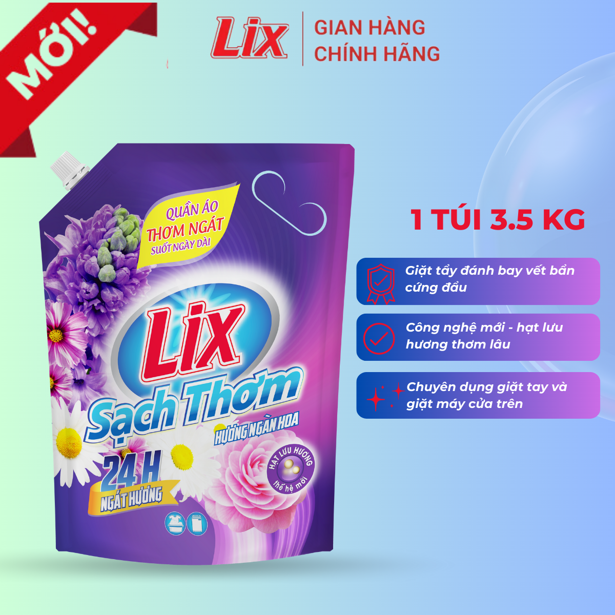 Nước giặt Lix sạch thơm hương ngàn hoa túi 2,6kg/3,5kg đánh bật vết bẩn cứng đầu hạt lương hương thơm lâu- Lixco Việt Nam