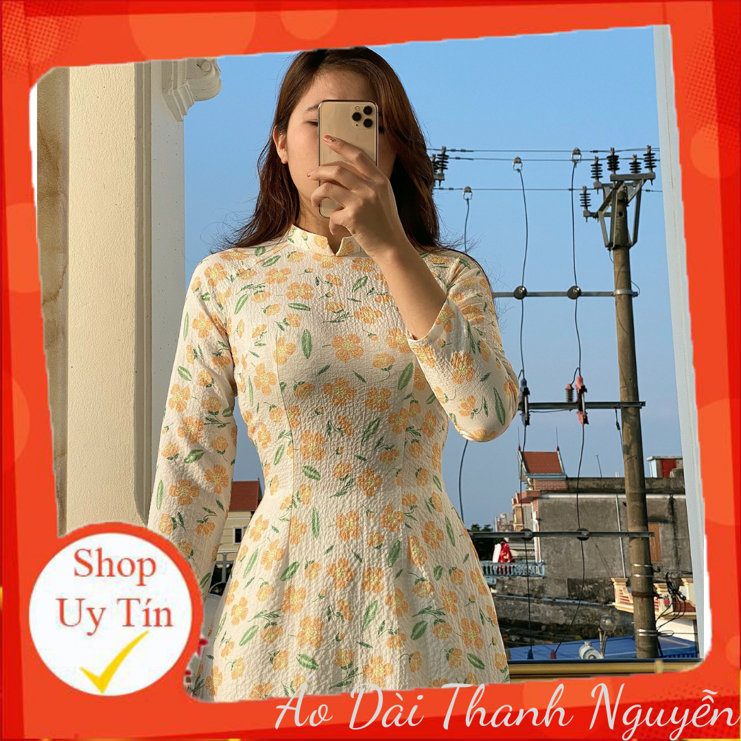 Áo dài hoa nhí 2 tà , áo dài truyền thống may sẵn