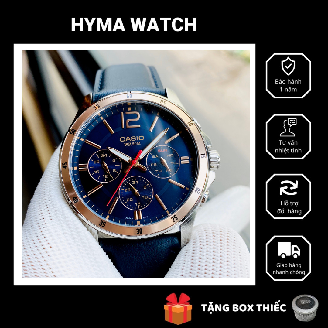 Đồng hồ nam 6 kim dây da mặt xanh Casio MTP 1374L-2AVDF Bảo hành 1 năm Hyma watch