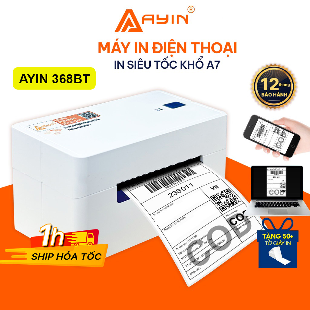 Máy in đơn hàng qua điện thoại 368BT in nhiệt AYIN in đơn hàng mã vận đơn mã vạch phiếu gửi hàng logo lớp keo tự dính BH 15 tháng