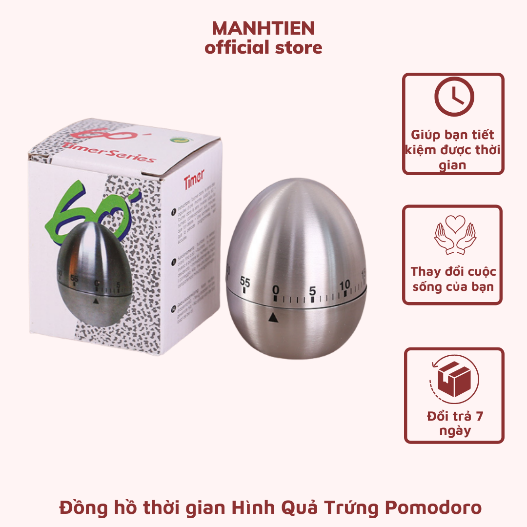 Đồng hồ pomodoro hẹn giờ 60 phút kim loại hình qủa trứng
