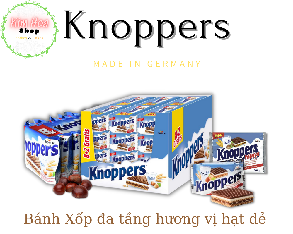 Bánh Xốp đa tầng hương vị HẠT DẺ Knoppers mini & Knoppers pack 8 family nhập khẩu chính ngạch từ EU - MADE IN GERMANY