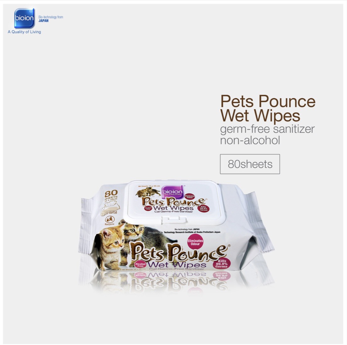 Bioion pets pounce wet wipes sanitizer non-alcohol - khăn ướt khử khuẩn, khử mùi cho thú cưng không cồn 80 miếng