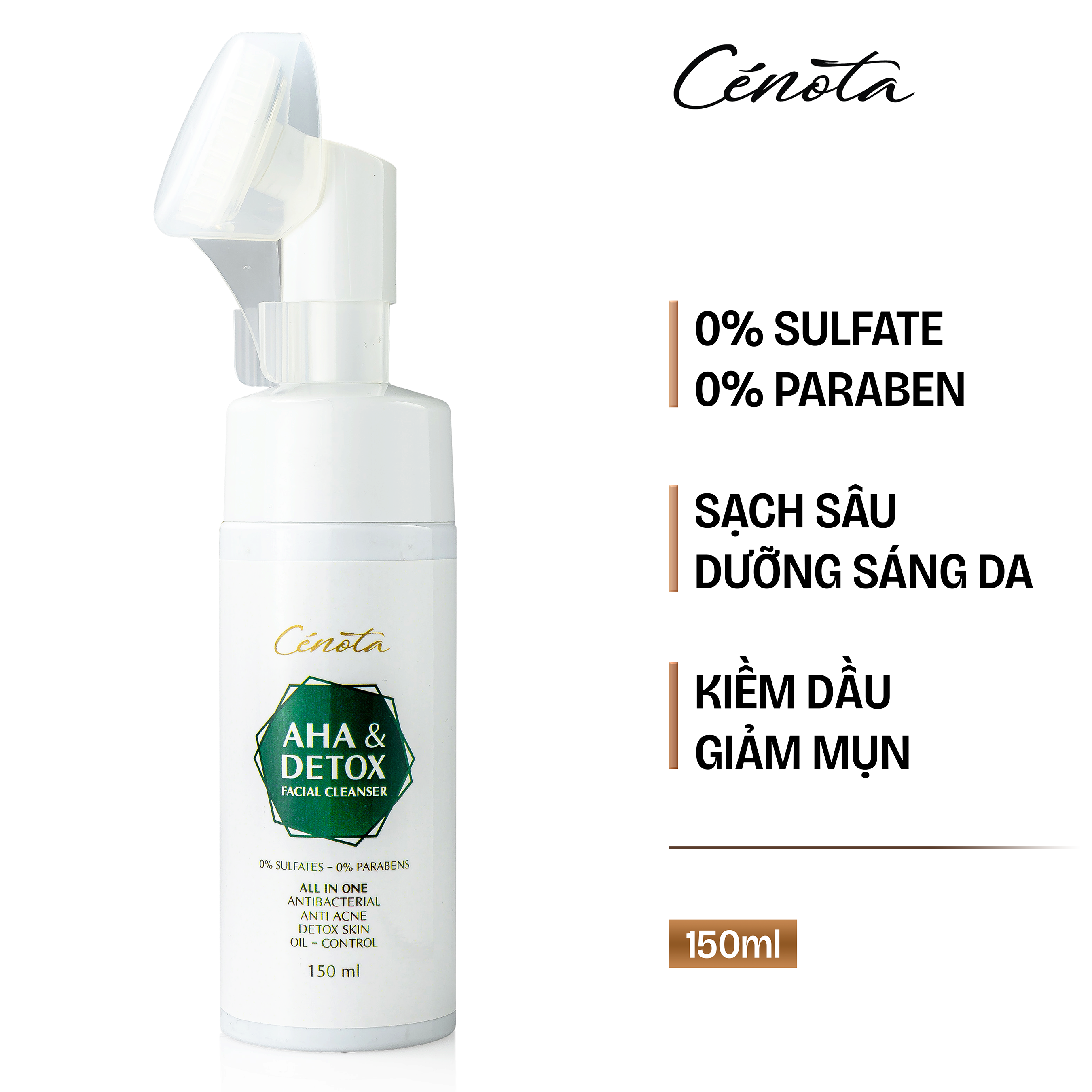 (Bản Mới Nâng Cấp) Sữa Rửa Mặt Có Đầu Silicon Tạo Bọt Ngừa Mụn Cenota AHA & Detox 150ML