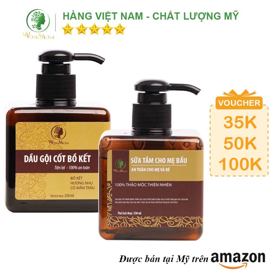 Combo sữa tắm dưỡng da body và dầu gội dưỡng tóc Wonmom ( 1 dầu gội cốt bồ kết + 1 sữa tắm t