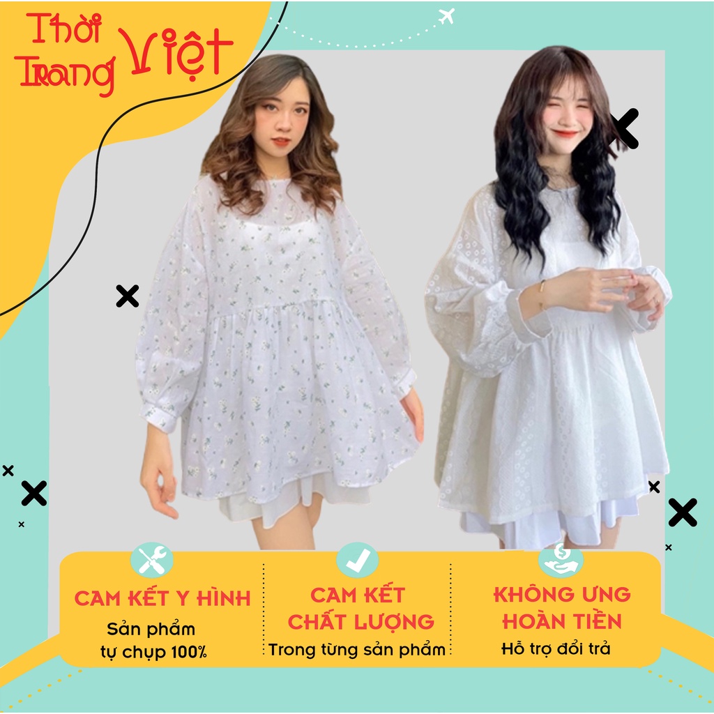 Áo sơ mi nữ dáng dài cổ tròn dài tay phối hoạ tiết hoa nhí, Áo Babydoll nữ tay phồng 1 tầng chất liệu vải dày dặn