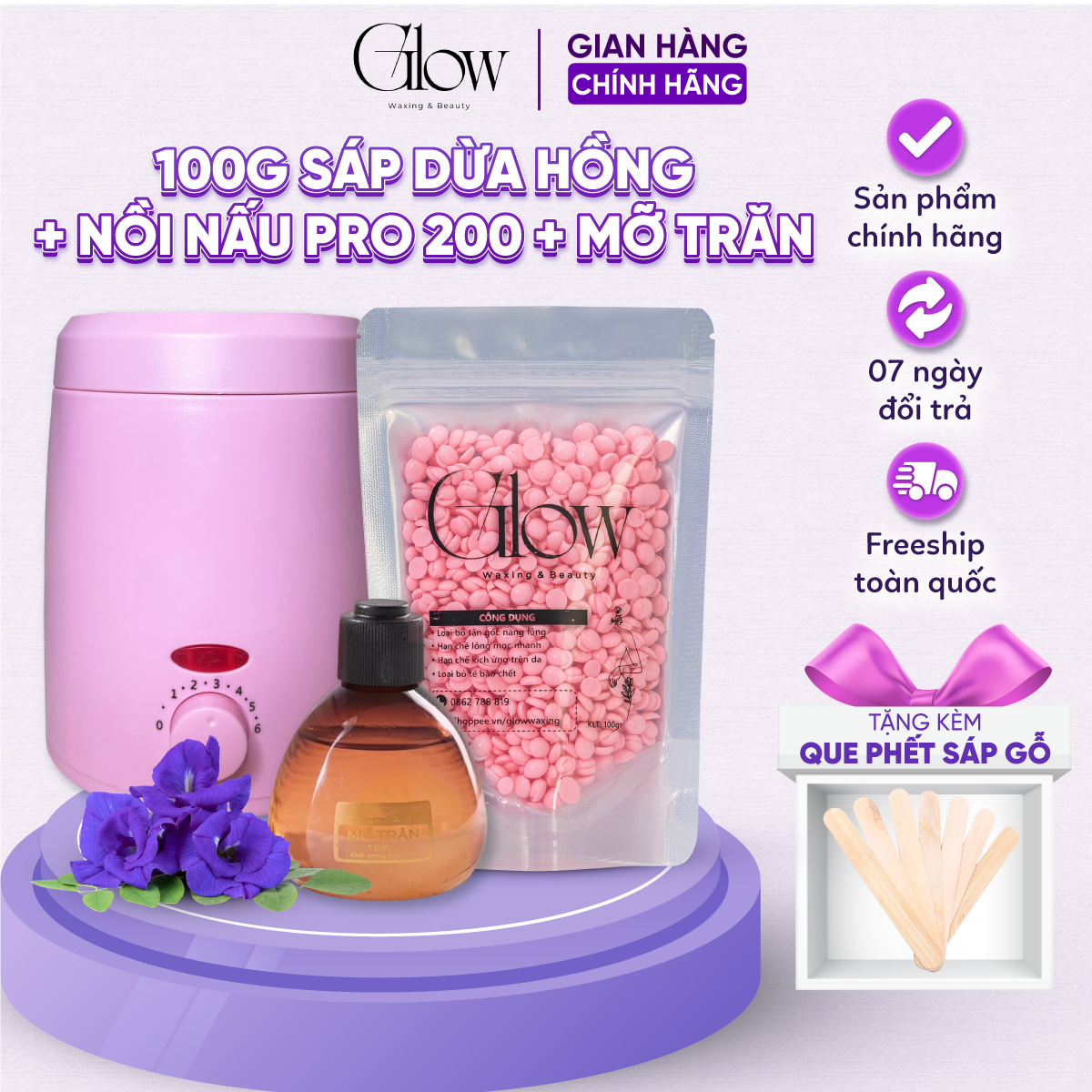 Combo 100gr sáp hồng dừa + nồi nấu sáp wax lông chống dính mini glow waxing + mỡ trăn nstore tặng que