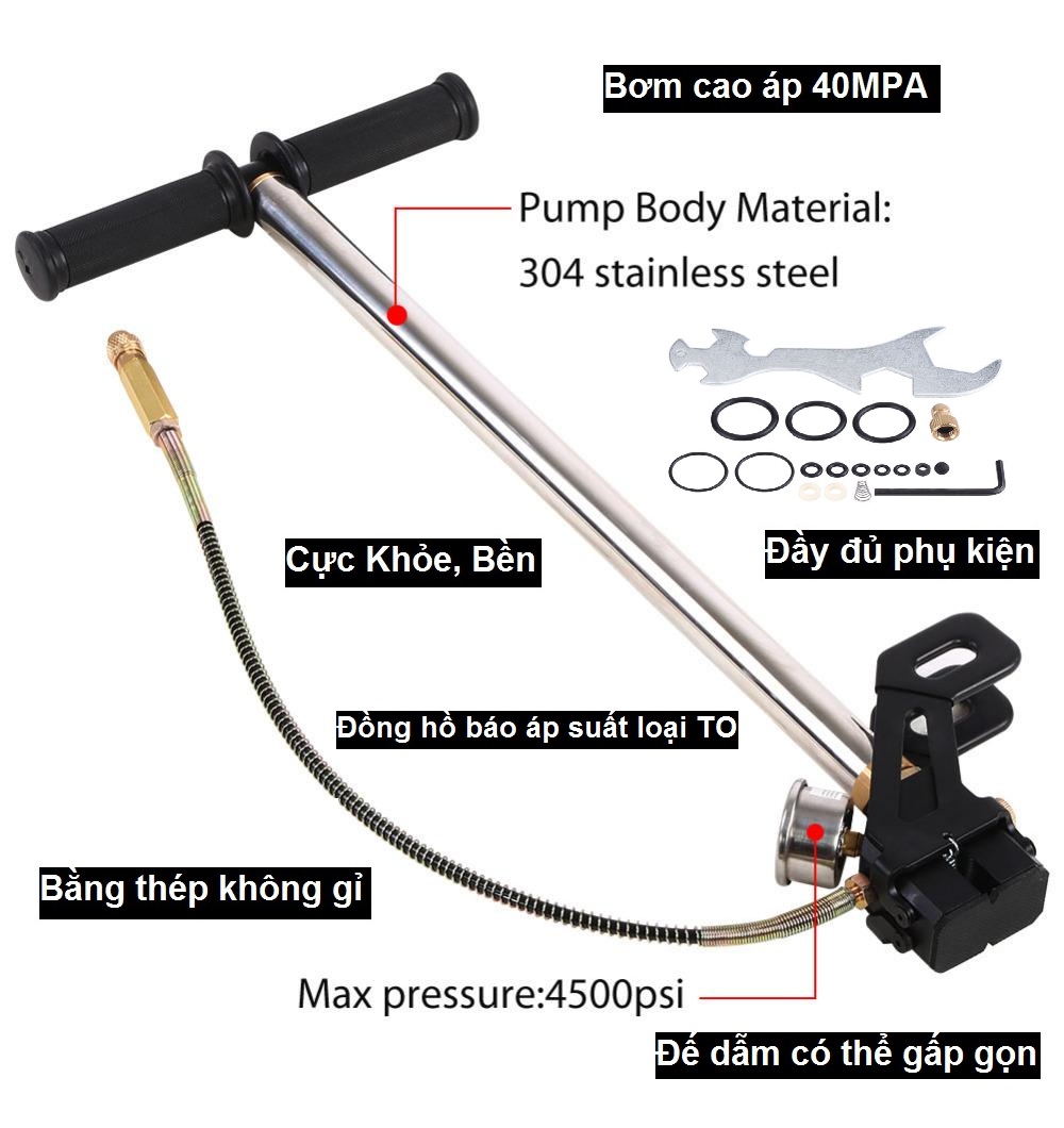 Bơm tay cao áp inox oto đồng hồ to lọc ẩm nhỏ hàng cao cấp - 40Mpa 2021 (loại 1) bt