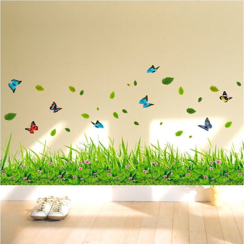 Decal dán chân tường cỏ xanh và lá bay