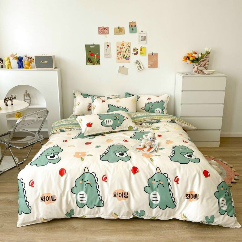 Bộ chăn ga gối khủng long siêu yêu xanh cotton poly shoptrangheo miễn phí bo chun ga giường theo yêu cầu