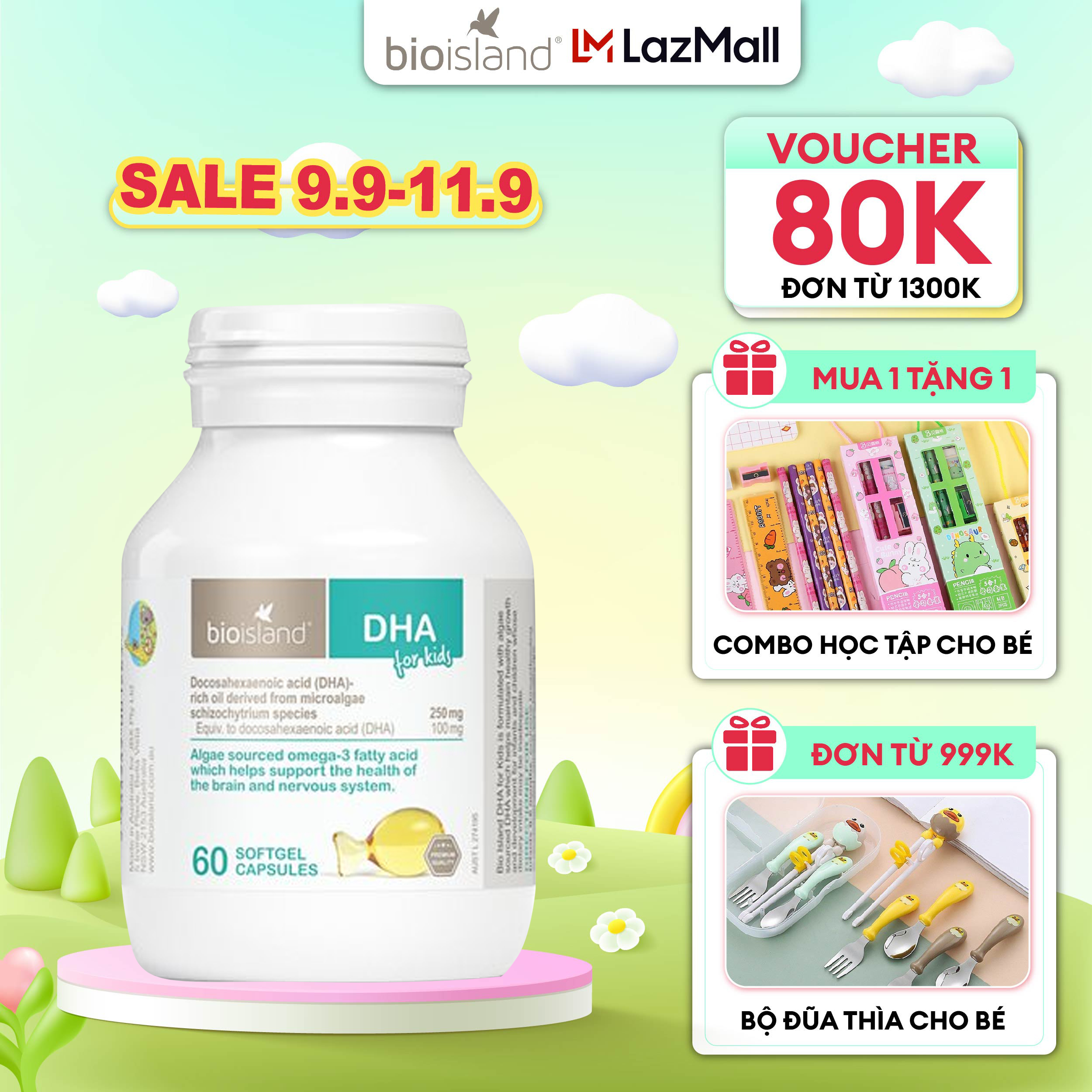 Dầu cá DHA For Kids Bioisland 60 viên tăng cường sức đề kháng và hỗ trợ phát triển trí não cho bé