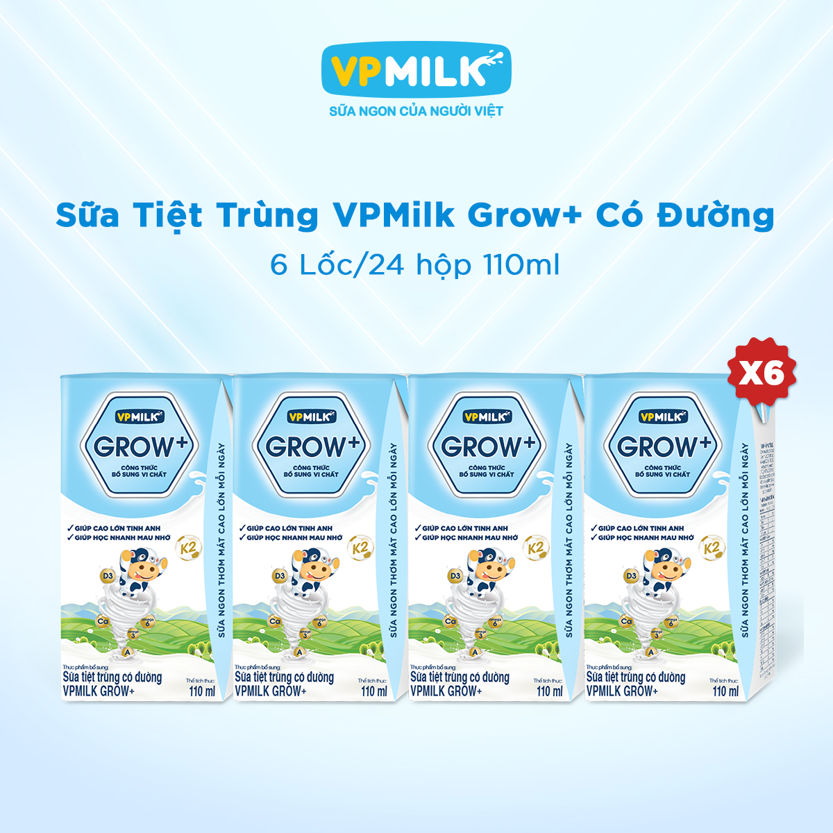 [6 Lốc 110ml] Sữa Tiệt Trùng VPMilk Grow+ Có Đường Cho Bé Từ 1 Tuổi