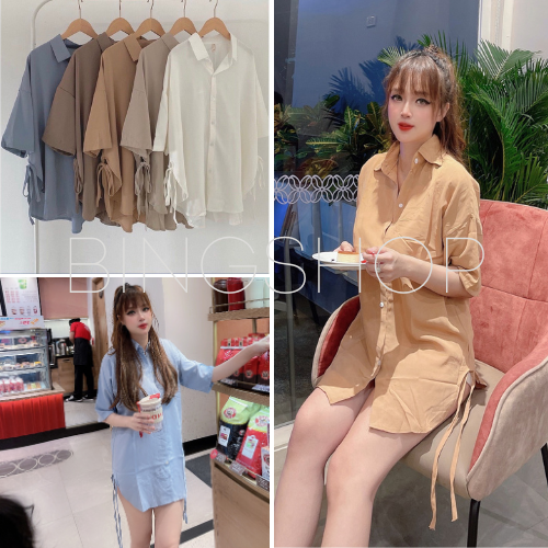 Guuhouse Áo sơ mi tay lỡ đuôi tôm - áo sơ mi vintage rút eo vải đũi nhiều màu